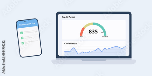 Flat vector fintech illustration of a credit score monitoring dashboard. Laptop and smartphone screens show credit score gauges, trend history charts, and improvement tips.