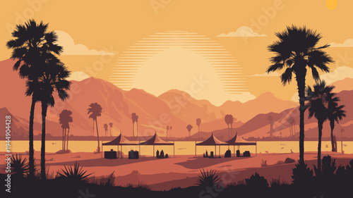 Tropical sunset landscape with palm trees serene lake and distant mountains at dusk warm orange hues