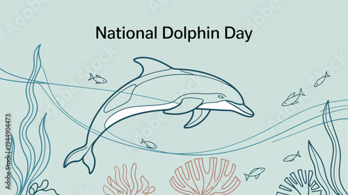 Dolphin swims with fish and seaweed on national dolphin day in a light blue ocean background