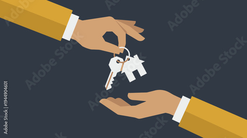 Professional real estate broker hand passing house keys to a new homeowner client in flat design style, concept for property mortgage, real estate investment and home ownership deal