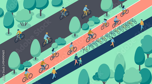 Isometric vector illustration of workers cycling on red bike lane and walking through green city park with trees, concept for sustainable commuting, corporate wellness and urban planning
