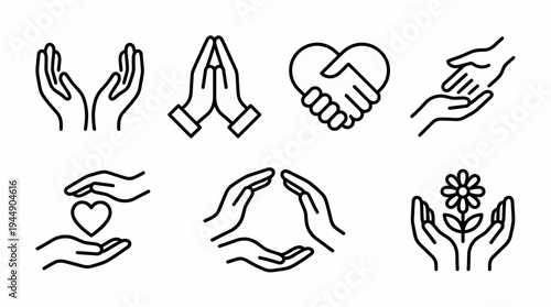 Minimal black line hand icons set showing prayer, heart handshake, helping gesture and floral care on white background, concept for corporate responsibility, social work and charity service