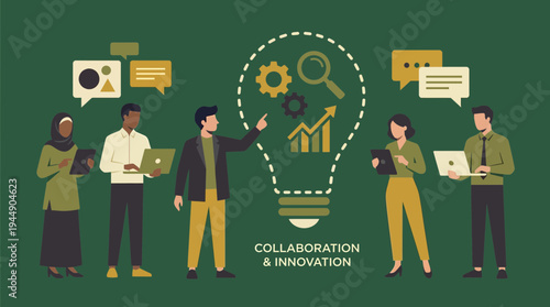 Diverse project managers and creative directors brainstorming with devices around a giant light bulb symbol, concept for business strategy, team brainstorming and innovative solutions