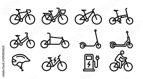 Minimalist black line icons of bicycle types electric scooters charging station and office worker commuting on bike, concept for urban micro mobility, eco friendly transport and smart city travel