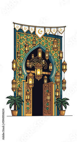 Ornate Islamic Archway with Lanterns and Plants.