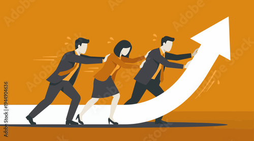 Professional marketing executives pushing a giant white upward arrow together on orange background, concept for business growth, teamwork success and corporate strategy development