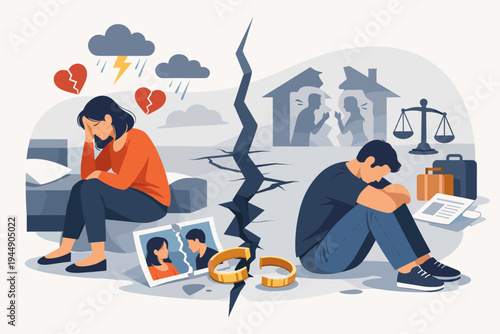 Flat vector illustration of a couple in a relationship crisis and divorce. Sad man and woman sitting apart with a crack between them, broken wedding rings, torn photos, and scales of justice.
