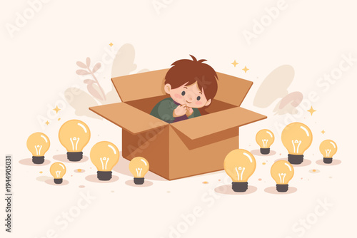 Cute Introvert Child Sitting Inside a Cardboard Box Surrounded by Glowing Light Bulbs, Simple Flat Vector Illustration of Creative Boy with Big Ideas and Imagination on a Light Background.