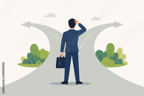 Businessman in a suit with a briefcase standing at a fork in the road with two arrows, scratching his head in confusion while deciding which career path or life direction to take. Flat vector.