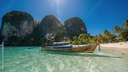 Traditional wooden longtail boat anchored in clear tropical water. Scenic view of sandy beach with limestone cliffs and palm trees on a sunny vacation island.