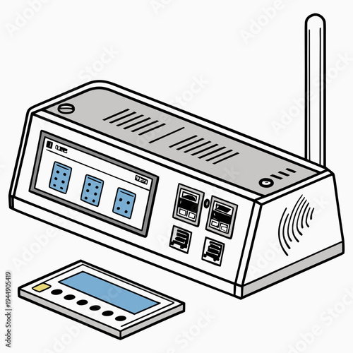 Wireless router with remote control on white background technology internet