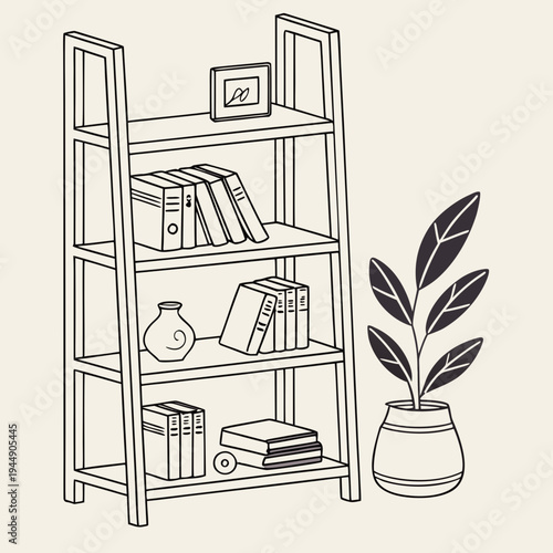 Bookshelf with books and plant vase frame