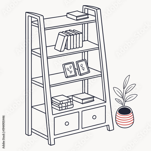 Bookshelf with books and plant and drawers vase frame