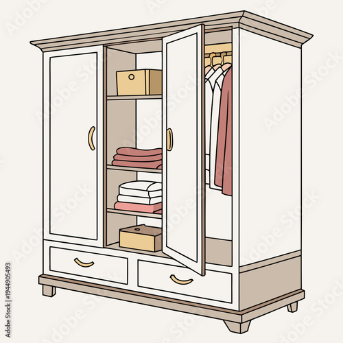 Of open wardrobe with clothes and boxes inside closet