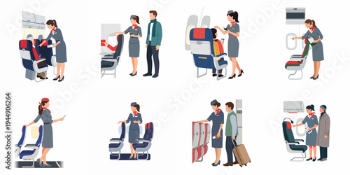 Vector illustrations set of flight attendants in uniform assisting passengers with seating, tickets, and safety instructions inside an airplane cabin.