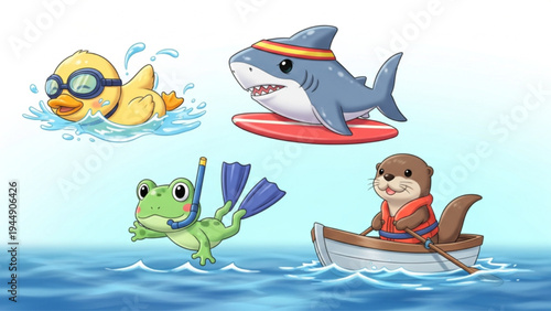 Cute Cartoon Animals Performing Summer Water Sports