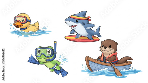 Cute Cartoon Aquatic Animals Water Sports Illustration Set