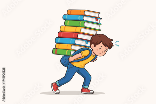 Cartoon vector illustration of a young boy student struggling to carry a massive stack of colorful textbooks on his back, representing heavy school workload, academic pressure, and education.