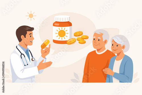 Male Doctor Advising Senior Couple to Take Vitamin D Supplements for Bone Health and Immunity, Medical Consultation with Elderly Patients about Nutrition and Wellness, Flat Vector Illustration