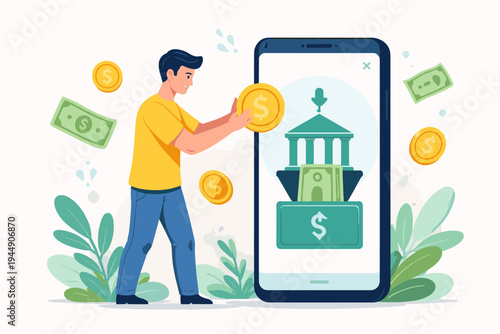 Vector illustration of a man making a money deposit using a mobile banking app on a smartphone. A young man in a yellow shirt puts a gold coin into a digital bank on a mobile phone screen.