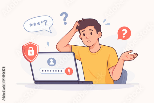 Confused man sitting at laptop trying to remember forgotten password for login. Access denied error message on screen with security lock icon. Flat vector illustration of account recovery issues.