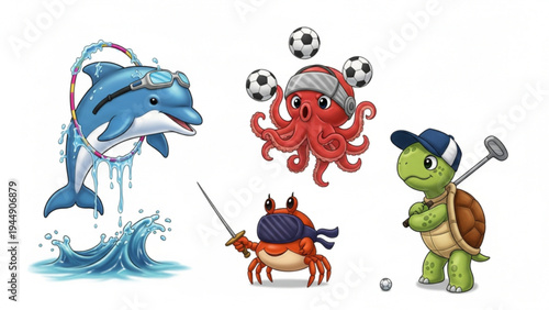 Cute Sea Animals Playing Sports Illustration Set