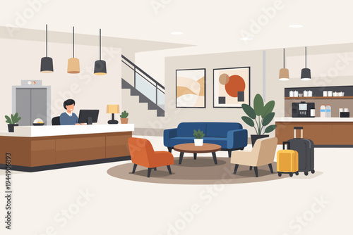 Modern Hotel Reception Area and Contemporary Lobby Interior with Receptionist at Front Desk, Lounge Seating with Sofa, Armchairs, Luggage, Coffee Station, and Elevator. Flat Vector Illustration