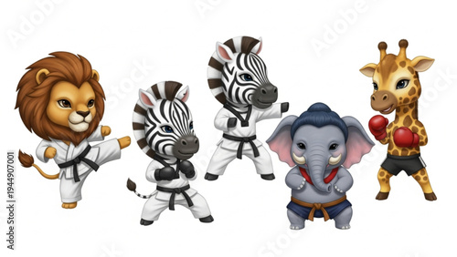 Cute Cartoon Animals Practicing Martial Arts Set