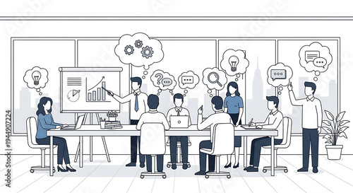 Business team brainstorms innovative strategies during a line art meeting presentation featuring a presenter pointing at a projected growth chart with thought bubbles above the participants.