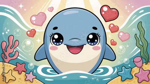 Smiling cartoon dolphin in ocean with coral seaweed and colorful stars surrounded by hearts