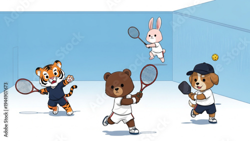 Cute Cartoon Animals Playing Tennis and Pickleball