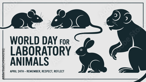 World day for laboratory animals awareness poster with silhouettes of a monkey rabbit and mice on gray background