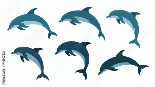 Seven dolphins jumping in various directions on white background marine life illustration