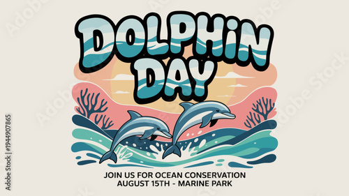 Dolphins swimming in ocean waves with coral reef at sunset for ocean conservation event