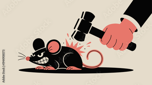 Angry cartoon mouse getting smashed by a judge's gavel in a courtroom setting with a beige background