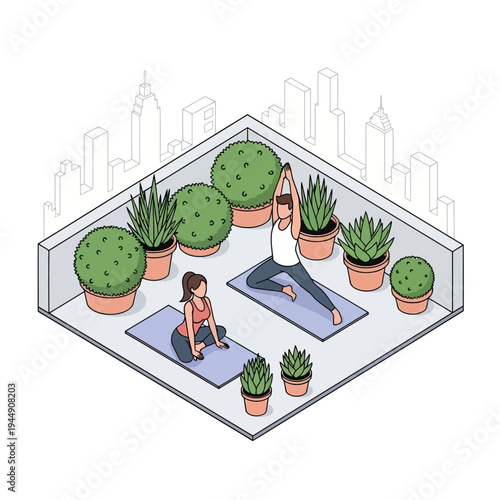 Two people practicing yoga on a rooftop garden with city skyline view.