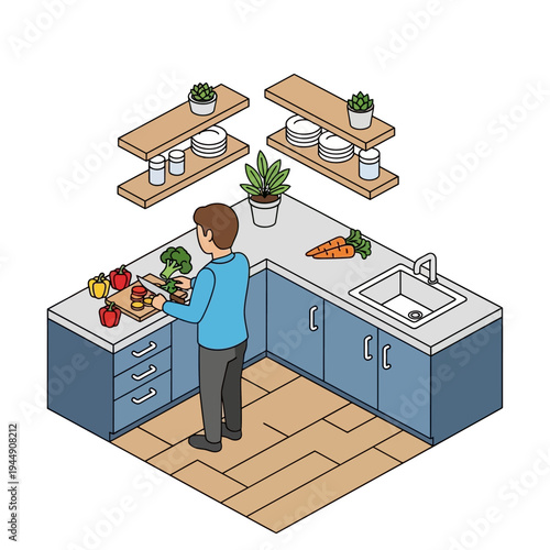 A person is preparing food in a kitchen with various ingredients and shelves.