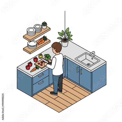 A person is standing in a kitchen, preparing food on a countertop with various ingredients.