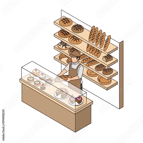 Isometric view of a bakery with a baker arranging bread and pastries.