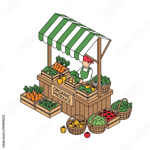 An illustration of a farmer's market stall displaying fresh organic produce for sale.