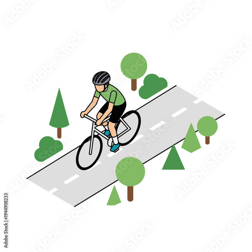 A cyclist rides a bicycle on a road surrounded by trees and greenery, enjoying the outdoors.