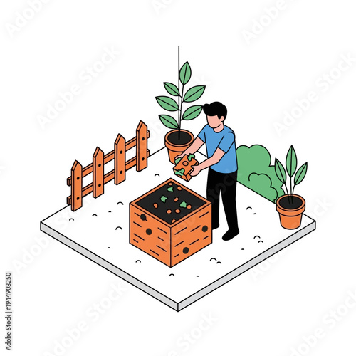 A person composting organic waste in a wooden container in a garden setting.