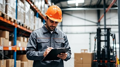 Warehouse Supervisor: A dedicated warehouse supervisor meticulously reviews inventory records, surrounded by rows of organized stock.