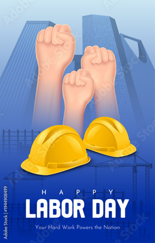 Happy Labor Day poster with raised worker fists and yellow construction helmet on blue background
