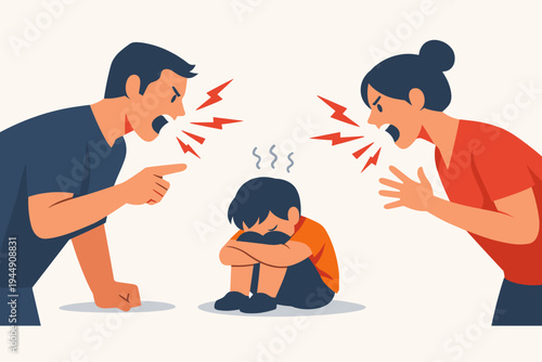 Angry Parents Yelling and Screaming at a Scared Sad Child Curled Up on the Floor, Flat Vector Illustration of Domestic Abuse, Family Conflict, Toxic Parenting, and Childhood Trauma Concept