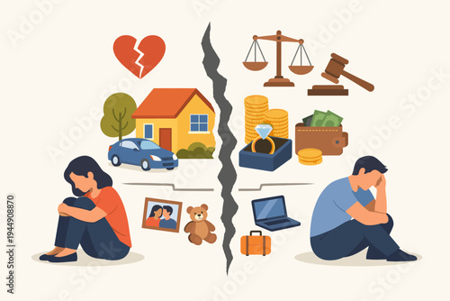 Divorce and Property Division Concept Illustration with Sad Couple Separated by a Crack, Representing Legal Asset Distribution, Alimony, Child Custody, and Emotional Impact of Marriage Breakup.