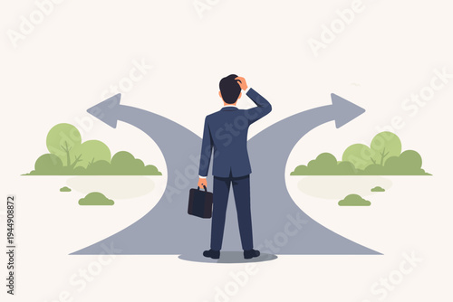 Businessman standing at a fork in the road with two arrows pointing in opposite directions, making a difficult career choice or business decision, flat vector illustration of life crossroads.