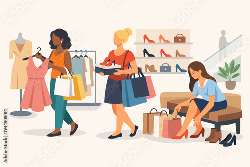 Flat Vector Illustration of Diverse Women Shopping for Fashion Clothes and Shoes in a Modern Retail Store or Mall. Customers Browsing Dresses, Carrying Shopping Bags, and Trying on Footwear.