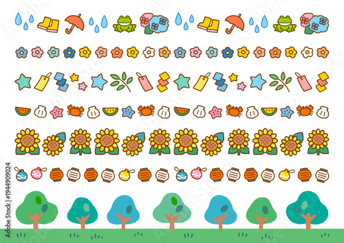 子ども向け季節(夏)のライン装飾素材｜梅雨・七夕・ひまわり