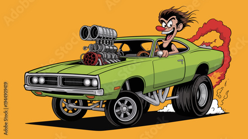 Cartoon green monster truck with big engine and flames driving fast on orange background with crazy driver